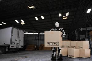 AI Robot arm Object for manufacturing industry technology Product export and import of future Robot cyber in the warehouse by hand mechanical future technology photo