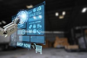 AI Robot arm Object for manufacturing industry technology Product export and import of future Robot cyber in the warehouse by hand mechanical future technology photo