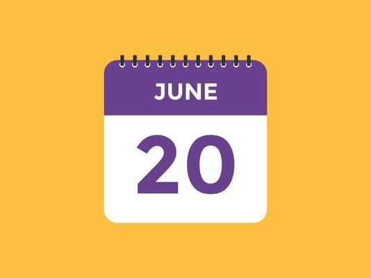 june 20 calendar reminder. 20th june daily calendar icon template. Calendar 20th june icon Design template. Vector illustration