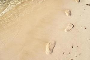 beach, wave and footprints at sunset time. Footprints at sunset with golden sand. beach, wave and footsteps at sunset time photo