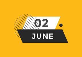 june 2 calendar reminder. 2nd june daily calendar icon template. Calendar 2nd june icon Design template. Vector illustration