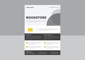 Bookstore flyer design template,  bookshop, library, book lover, e-book, education. A4 vector illustration for poster, banner, advertising, cover.