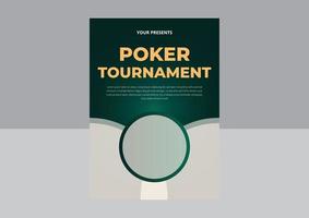 diseño de volante de torneo de póquer. diseño de invitación de torneo de póquer de casino. plantilla de volante a4 de fiesta de póquer. texto dorado con fichas y cartas. diseño vectorial, folleto, póster vector