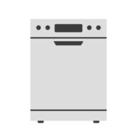 Close dishwasher with dishes clipart vector illustration. Simple modern stainless steel fully integrated built-in dishwasher range machine flat vector design. Domestic and kitchen appliances concept