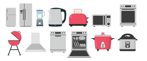 Set of kitchen appliances flat icon for web. Refrigerator, microwave, dishwasher, toaster, range hood, blender, kettle, oven, rice cooker sign flat vector design. Kitchen appliances cartoon clipart