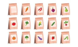 Set of vegetable seeds packages watercolor illustration isolated on white background. Packs of plant seeds clipart cartoon style. Vegetable seeds package watercolor collection. Tomato, spinach, radish vector