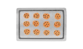 Cookie tray clipart. Cookies on baked tray watercolor vector illustration isolated on white background. Cookies on oven tray cartoon style hand drawn. Biscuits tray top view