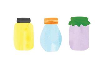 Set of multicolored jars watercolor style vector illustration isolated on white background. Simple empty jar clipart. Glass jar cartoon drawing. Sauce jar hand drawn doodle style. Kitchen utensils