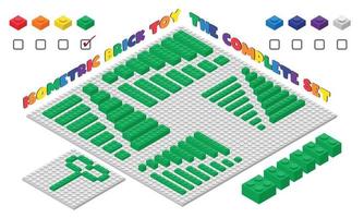 el conjunto completo de juguetes de ladrillo verde 3d para niños en estilo isométrico. Ilustración de vector de juguete de bloques de construcción de plástico aislado en blanco. diseño plano de juguete de ladrillo de construcción cuadrada. juego de juguetes de ladrillos de plástico