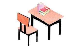 estudiante escritorio y silla estilo acuarela ilustración vectorial aislado sobre fondo blanco. escritorio de la escuela de acuarela y clipart de silla. Suministros escolares. muebles de madera para aulas de primaria vector