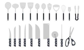 conjunto de ilustración de vector de imágenes prediseñadas de utensilios de cocina. utensilios de cocina con mango de plástico de diseño plano. juego de cuchillos, santoku, cuchilla, cortador de pizza, cucharón, espátula, icono web de signo de cuchara. concepto de herramienta de cocina
