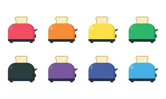 Set of multicolor toaster icon clipart vector illustration. Pop up toaster sign flat vector design. Red toaster icon isolated on white. Bread toaster cartoon clipart. Kitchen appliance concept symbol