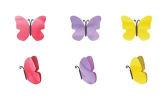 conjunto de pintura acuarela de mariposas multicolores aislado sobre fondo blanco. mariposa acuarela simple dibujada a mano. dibujo de imágenes prediseñadas de mariposa minimalista. dibujo de dibujos animados hechos a mano de insectos de jardín vector