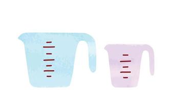 Set of kitchen measuring cup watercolor style vector illustration isolated on white background. Empty plastic measuring cup clipart. Measuring cups cartoon doodle style drawing
