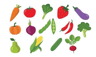 conjunto de frutas y verduras clipart diseño vectorial. zanahoria, tomate, espinacas, berenjena, rábano, maíz, pepino, brócoli, cebolla, pera, estado verde, chile, fresa, calabaza clipart estilo de dibujos animados plana vector