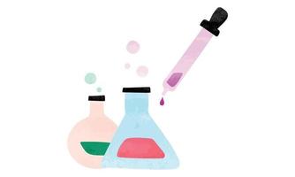 kit de laboratorio de química dibujado a mano con matraz erlenmeyer, matraz de fondo redondo y vector de estilo acuarela cuentagotas aislado sobre fondo blanco. matraz de química minimalista clipart