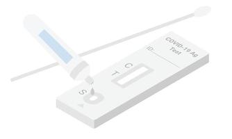 COVID-19 rapid test kit with new cassette, dropper tube and swab stick flat design clipart. Antigen detection kit isometric vector illustration. Plastic self test kit for SARS-COV-2 detection cartoon