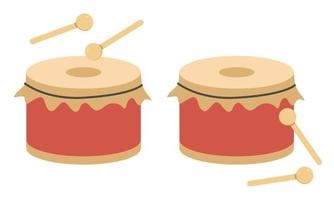 Red drum and wooden drum sticks vector design. Simple big drum flat style illustration isolated on white. Percussion family musical instrument cartoon style. Chinese Lion Dance concept