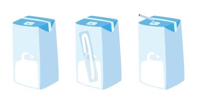 Set of milk in small carton box vector design. Short milk carton box with straw clipart. Milk box in different poses of straw cartoon style cute drawing. Milk boxes doodle. Dairy products concept