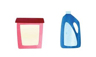 Set of detergent watercolor style vector illustration isolated on white background. Dishwasher detergent clipart. Dishwashing liquid bottle cartoon drawing. Detergent container doodle hand drawn