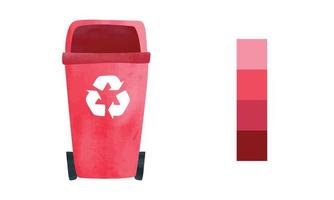 Red recycling bin with recycle symbol watercolor drawing isolated on white background. Recycle bin clipart. Rubbish can vector illustration. Simple garbage can hand drawn cartoon