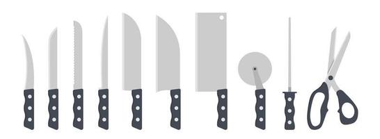 conjunto de ilustración de vector de imágenes prediseñadas de cuchillos de cocina. cuchillo con mango de plástico de diseño plano. cáscara, verdura, filete, santoku, cuchilla, cortador de pizza, afilador de cuchillos, tijeras. logotipo de icono de concepto de cocina