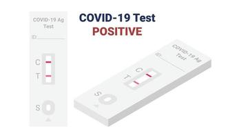 kit de prueba rápida covid-19 que muestra imágenes prediseñadas de diseño plano de resultado positivo. kit de detección de antígeno 2 rayas resultado ilustración vectorial isométrica. kit de autoprueba de plástico para detección de sars-cov-2 estilo de dibujos animados vector