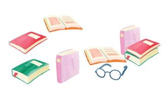 Set of books watercolor illustration isolated on white background. Watercolor hand drawn open books and reading glasses collection. Stack of books clipart. Textbooks watercolor hand drawn vector