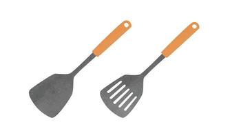 Set of kitchen spatula with wooden handle watercolor vector illustration isolated on white background. Solid spatula and slotted spatula hand drawn cartoon. Simple solid and slotted spatula clipart