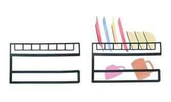 Simple dish rack watercolor style. Dish rack clipart. Dish drying rack vector design illustration isolated on white background. Dish dryer with plates, bows, mug, cup cartoon drawing. Kitchen utensils