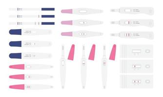 Set of different pregnancy test results vector illustration. Pregnancy positive and negative test with 1 stripe and 2 stripes flat design clipart. Female reproductive, planning of pregnancy concept