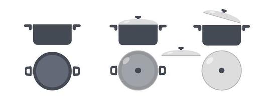 Set of cooking pots icon clipart vector illustration. Kitchen pot or stew pot sign flat vector design. Cooking pot with and without lid icon. Stainless steel pot cartoon clipart. Kitchen tool concept