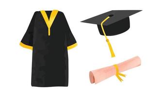 Set of graduation cap, gown and diploma clipart. Graduation uniform watercolor style vector illustration isolated on white background. Graduation cap cartoon clipart. Graduation gown, diploma scroll