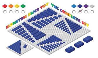 el conjunto completo de juguetes de ladrillo para niños índigo 3d en estilo isométrico. Ilustración de vector de juguete de bloques de construcción de plástico aislado en blanco. diseño plano de juguete de ladrillo de construcción cuadrada. juego de juguetes de ladrillos de plástico