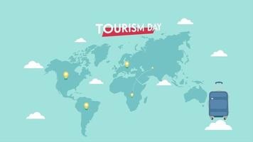 día mundial del turismo 27 de septiembre con mapas de viaje e ilustración de engranajes de viaje sobre fondo aislado video
