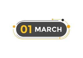 Recordatorio del calendario del 1 de marzo. Plantilla de icono de calendario diario del 1 de marzo. plantilla de diseño de icono de calendario 1 de marzo. ilustración vectorial vector