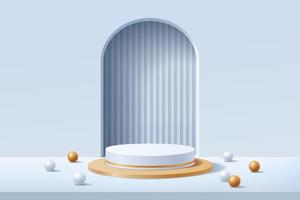 Empty 3d white and gold round podium with silver abstract geometric shape arch style background vector