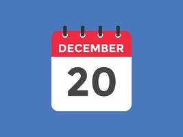 Recordatorio del calendario del 20 de diciembre. Plantilla de icono de calendario diario del 20 de diciembre. plantilla de diseño de icono de calendario 20 de diciembre. ilustración vectorial vector