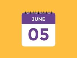 june 5 calendar reminder. 5th june daily calendar icon template. Calendar 5th june icon Design template. Vector illustration