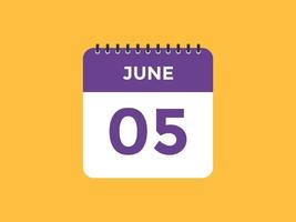 june 5 calendar reminder. 5th june daily calendar icon template. Calendar 5th june icon Design template. Vector illustration