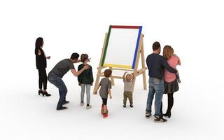 3D illustration of white painter canvas on a wooden easel like an art gallery, People are watching it, Mock Up Empty Blank Canvases Isolated on Background, It can use for advertising photo