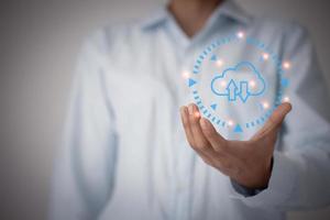 man hands holding virtual icon cloud. Cloud Computing Technology Internet Storage Network Concept, man hands holding virtual icon cloud. photo