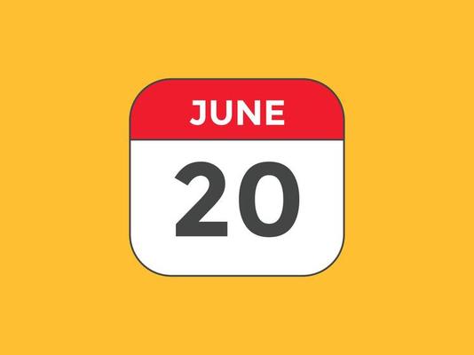 june 20 calendar reminder. 20th june daily calendar icon template. Calendar 20th june icon Design template. Vector illustration