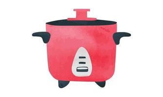 Red rice cooker watercolor style vector illustration isolated on white background. Electric rice cooker clipart. Simple rice cooker hand drawn cartoon. Kitchen utensils clipart. Kitchen appliances