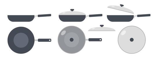 Set of frying pan icon clipart vector illustration. Kitchen frying pan sign flat vector design. Frying pan with and without lid icon. Stainless steel pan cartoon clipart. Kitchen tool concept