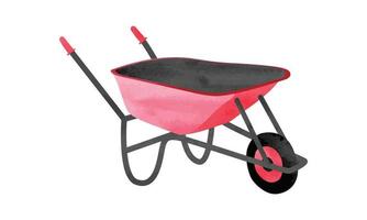 Red garden wheelbarrow watercolor vector illustration isolated on white background. Watercolor metal wheelbarrow hand drawn clipart. Gardening tool clipart cartoon style. Simple wheelbarrow drawing