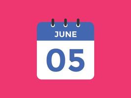 june 5 calendar reminder. 5th june daily calendar icon template. Calendar 5th june icon Design template. Vector illustration