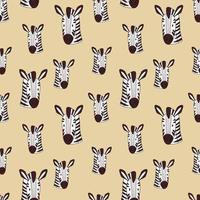 Zebra seamless pattern on a sandy background. Cartoon vector illustration of a zebra head pattern. Wild African animal.