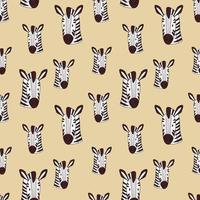 Zebra seamless pattern on a sandy background. Cartoon vector illustration of a zebra head pattern. Wild African animal.