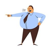 Angry boss isolated. A cartoon man with a big belly screams and points to the exit. An irritated person in a blue shirt and trousers stands in a pose on a white background. vector